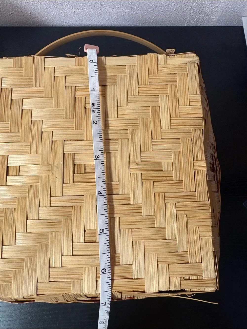 Woven Bamboo Basket Red Floral Handle Cottagecore Farmhouse Decor